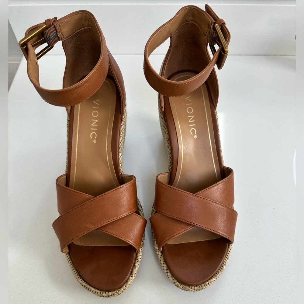 Vionic Tan Leather Cross-Strap Wedge Sandals with Ankle Buckle